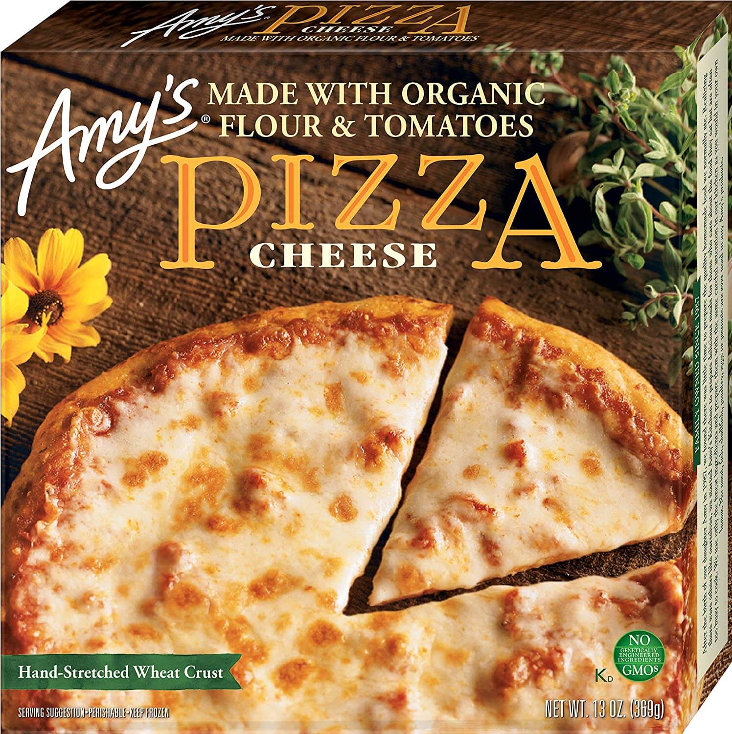 pizza box with yellow flowers and cheese pizza