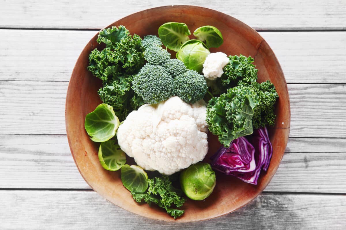 Cruciferous vegetables in a salad bowl: Brocolli, Brussels sprouts, cauliflower, cabbage