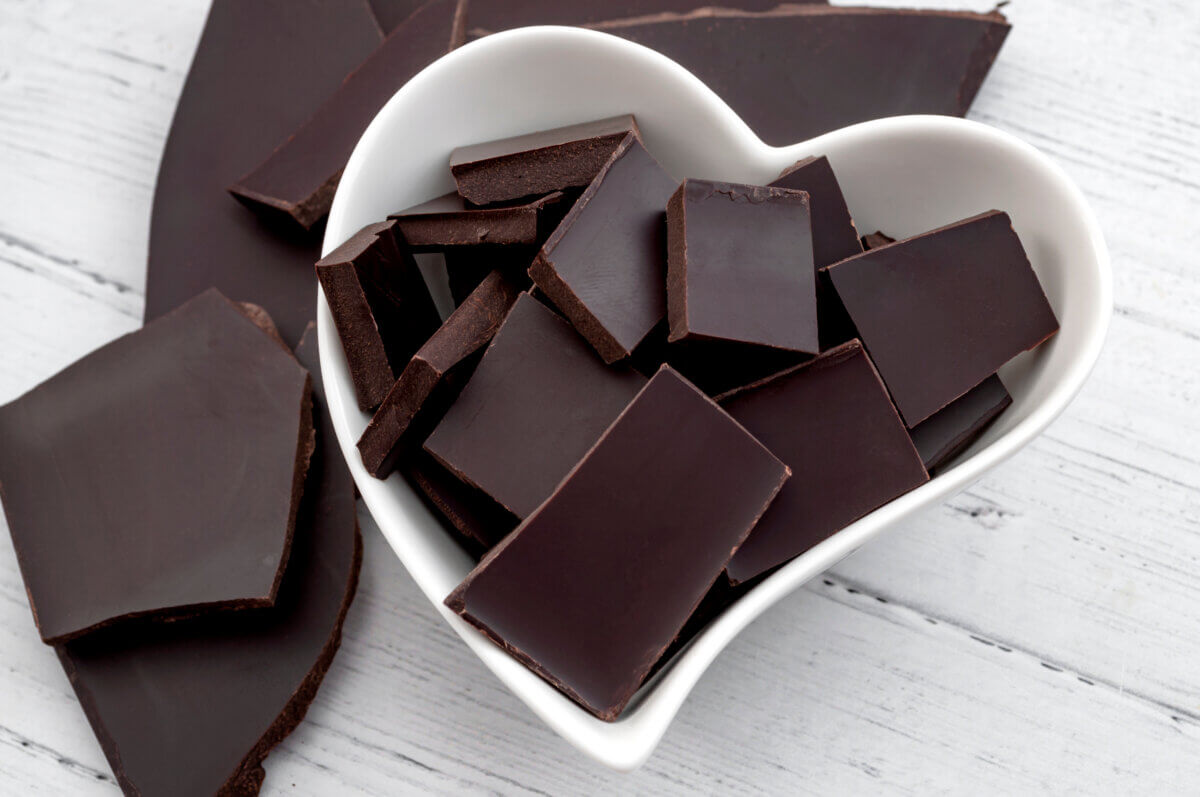 Dark chocolate pieces in heart-shaped bowl
