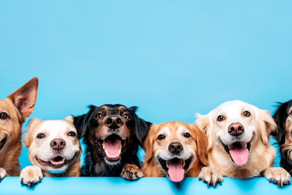 Happy dogs with mouths open posing for a photo