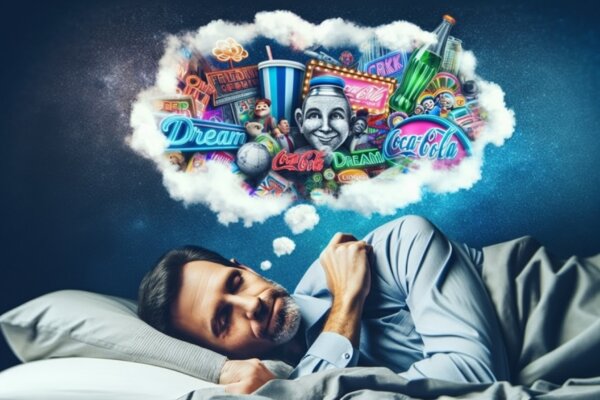 Sleeping man dreams of ads in his sleep