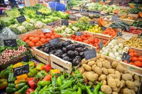 Fruits and vegetables in grocery store produce section