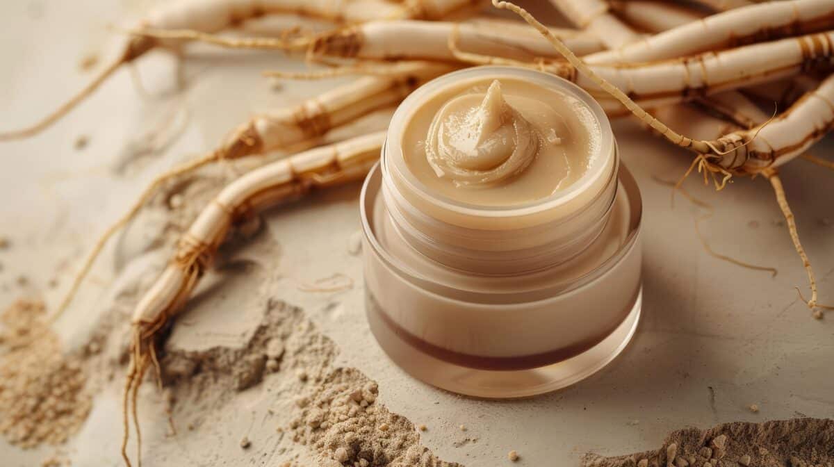Ginseng face cream on a beige background with ginseng roots