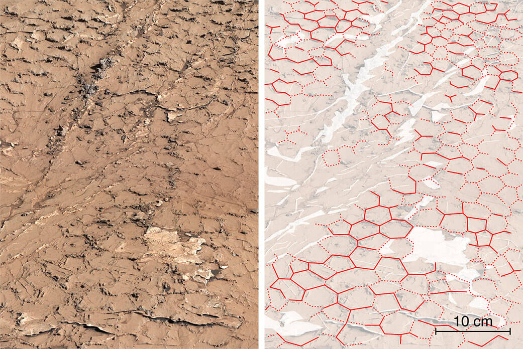 A close-up of the panorama taken by Curiosity’s Mastcam at “Pontours” reveals hexagonal patterns