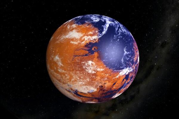 This is an artist's concept of an early Mars with liquid water (blue areas) on its surface. Ancient regions on Mars bear signs of abundant water - such as features resembling valleys and deltas, and minerals that only form in the presence of liquid water.