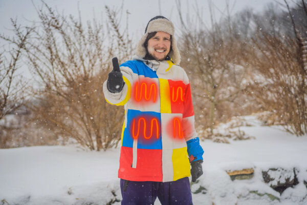 A man in the snow with a heated jacket on