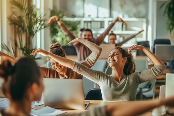 students stretching together in class