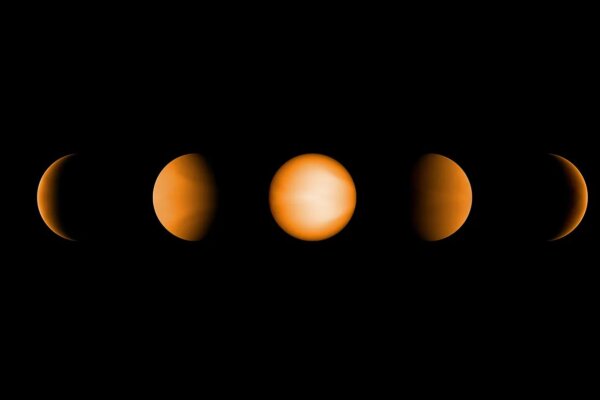 These simulated views of the ultrahot Jupiter WASP-121b show what the planet might look like to the human eye from five different vantage points, illuminated to different degrees by its parent star