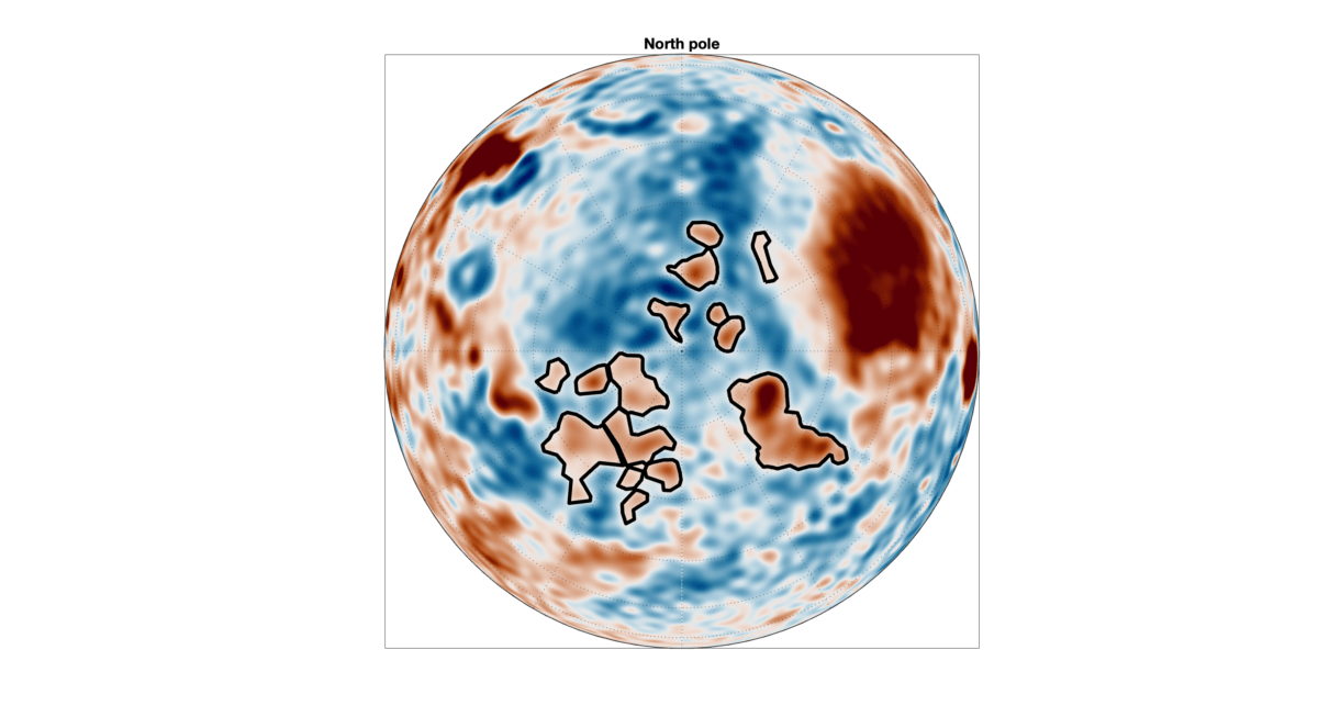 Map highlighting the dense gravitational structures in the northern hemisphere of Mars